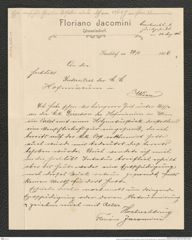 Nachlass Franz Steindachner, Brief von Floriano Jacomini an die Intendanz des k.k. naturhistorischen Hofmuseums (29.08.1906), Inv.Nr. 255.01, Seite 1